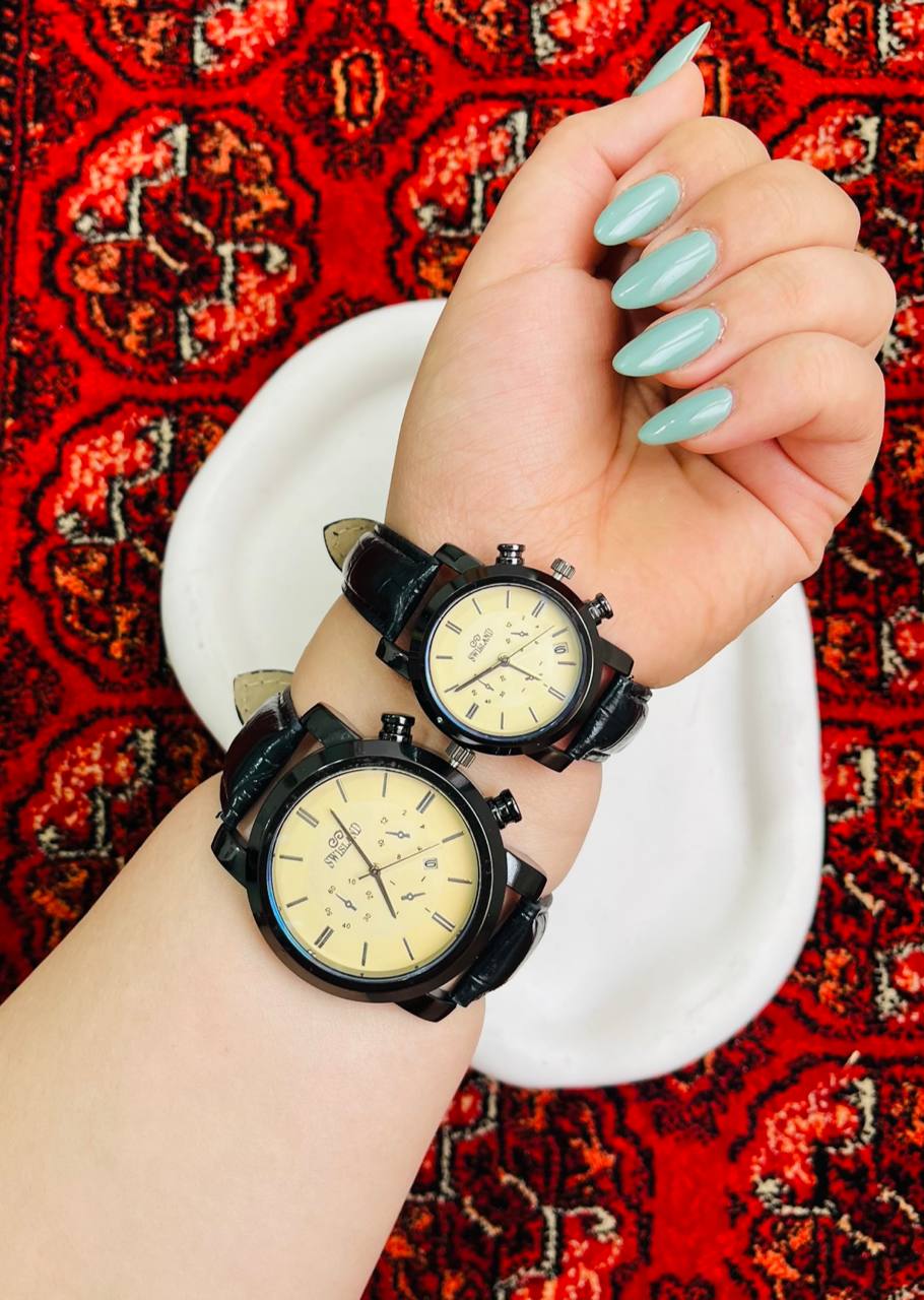 ساعت ست مردانه و زنانه بند چرم تاریخ دار